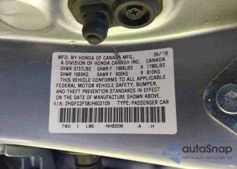 2018 Honda Civic Lx z USA, uszkodzony, nr VIN 2HGFC2F58JH602109